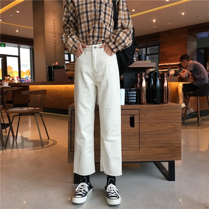 秋冬裝2018新款韓版學生百搭純色直筒高腰顯瘦chic休閑褲牛仔褲女