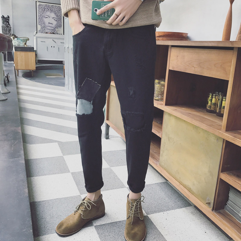 男裝破洞補丁個性休閑褲韓版修身小腳男士低襠垮褲