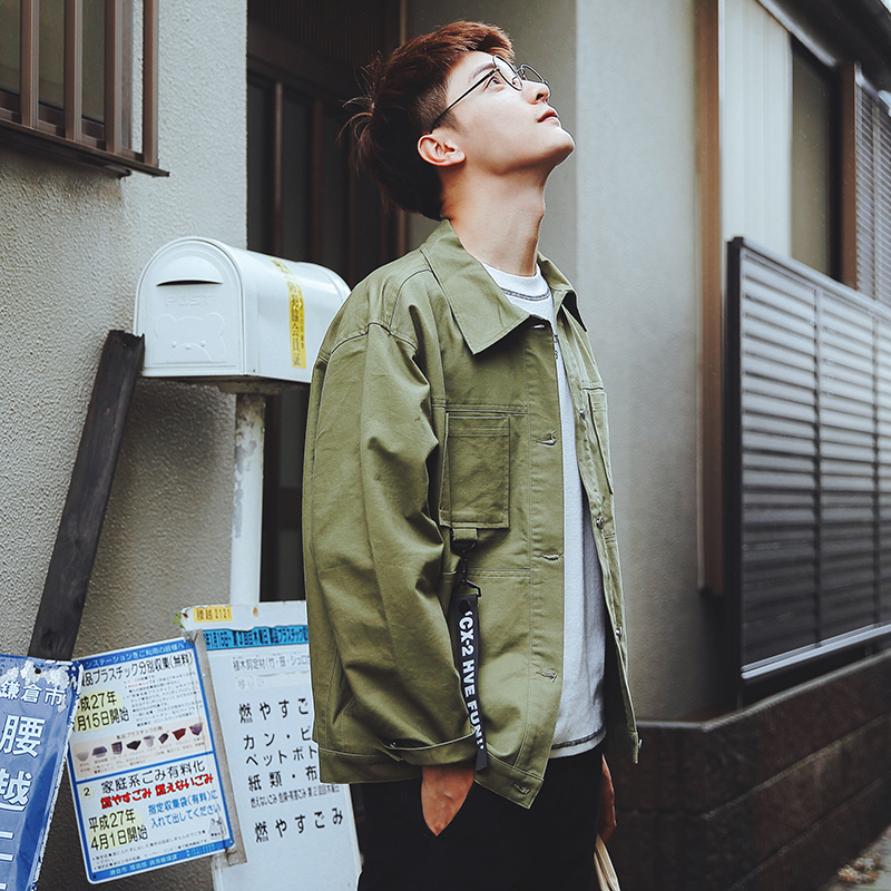 M春裝新品拉鏈裝飾潮男工裝寬松夾克韓版港風外套男